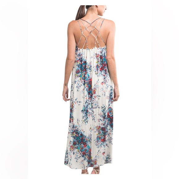 NWT Lovestitch Natural Red Aqua Knotted Strappy Midi Dress - Picture 2 of 2